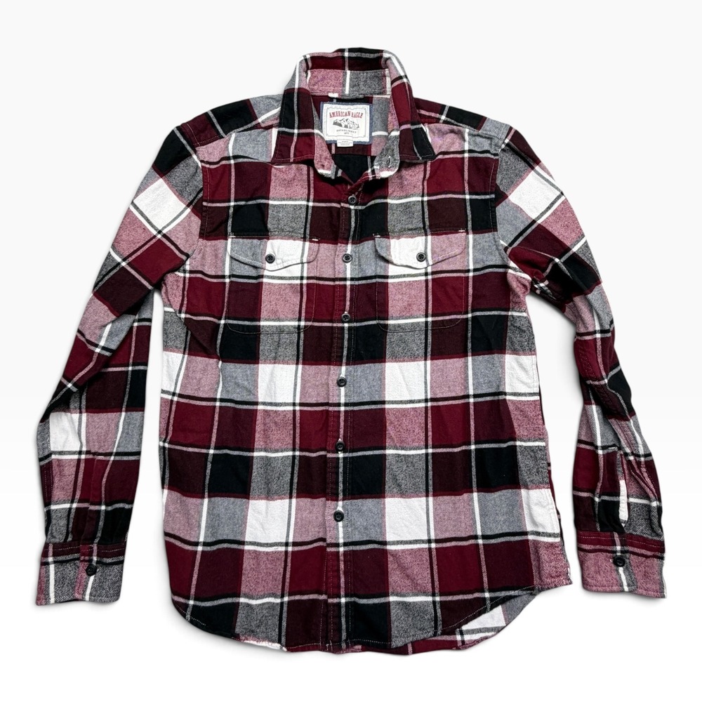 American Eagle Mens Plaid Flannel Shirt Burgundy Black White Medium
